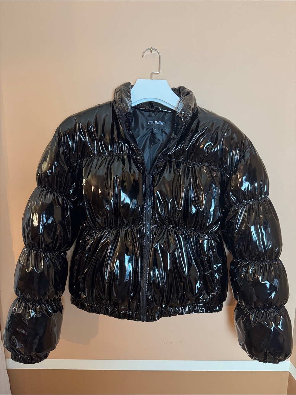 Steve Madden Black High-Shine Cropped Puffer Jacket